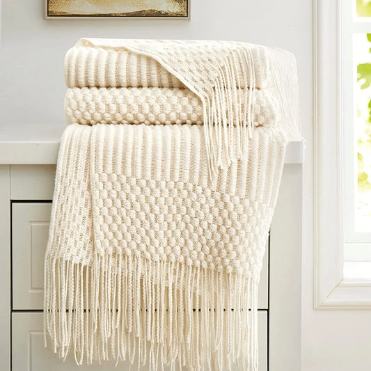 White Boho Chunky Knit Throw Blanket – Vintage Luxury Bedspread & Sofa Cover