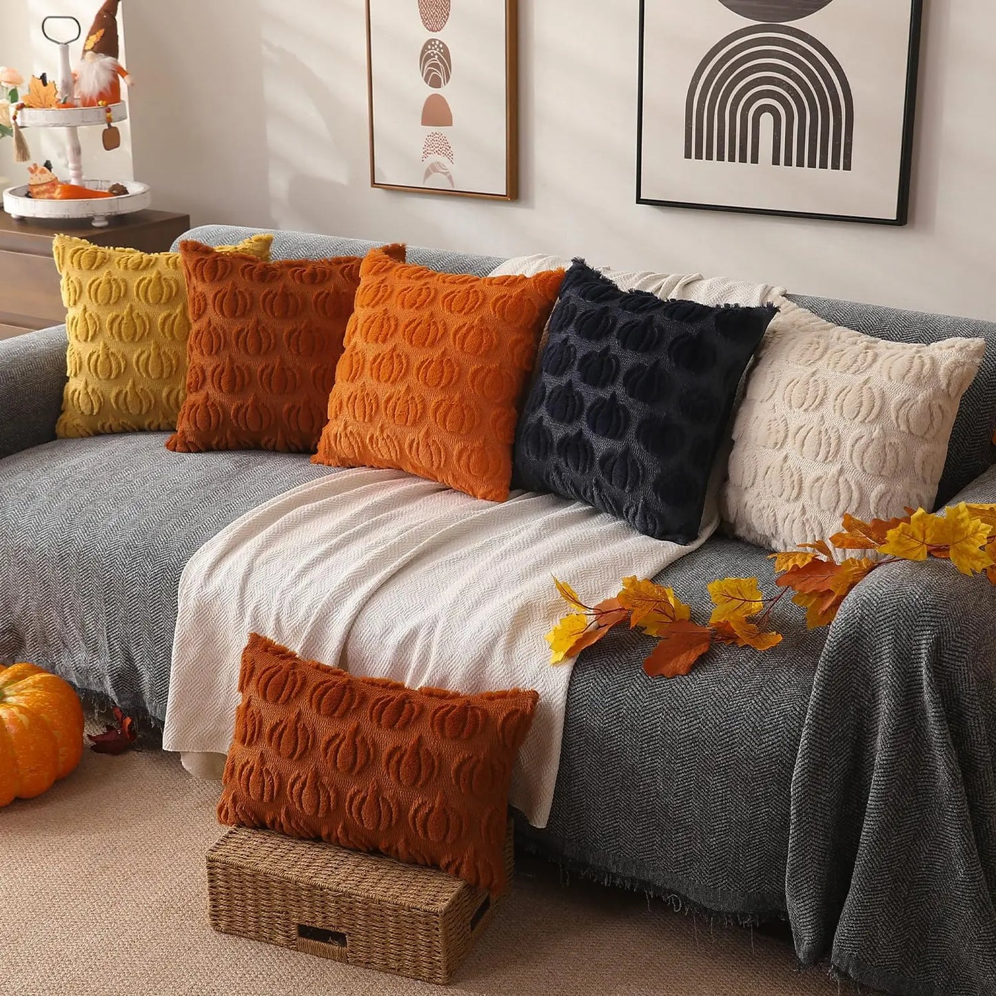 AutumnRust Fall Pillow Covers – Plush Faux Fur Pumpkin Throw Cushion Cases (45x45CM)