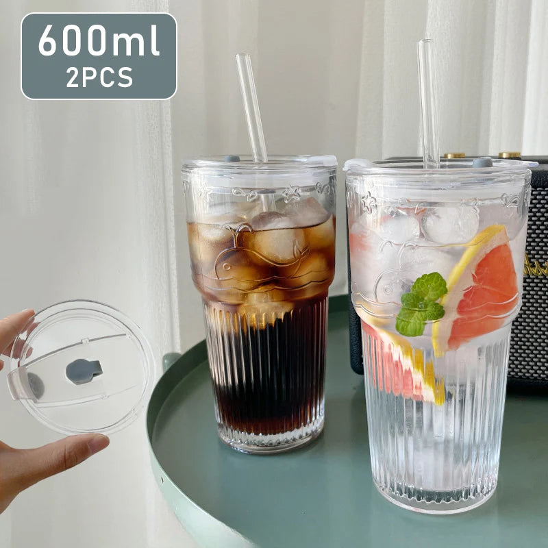 2pcs 600ml Stripe Glass Cup with Lid and Straw