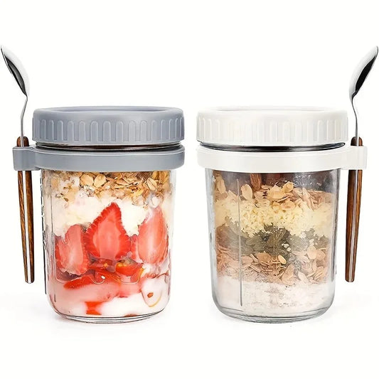 350ML Portable Overnight Oats Cup with Lid & Spoon – Glass Breakfast Jar