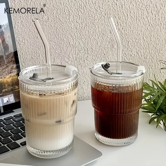 450ml Stripe Glass Cup With Lid And Straw