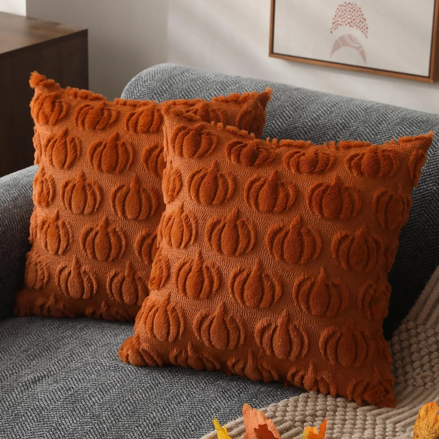 AutumnRust Fall Pillow Covers – Plush Faux Fur Pumpkin Throw Cushion Cases (45x45CM)